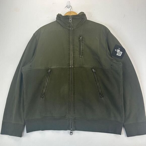 VTG 80s Polo Ralph Lauren Olive Fleece Hidden Hood Full Zip Jacket Patch Logo XL